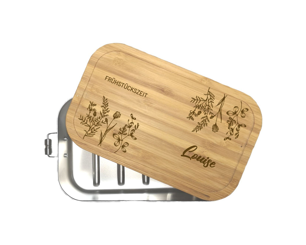 Brotdose Bambus Edelstahl Metall personalisiert gravur Wiesenblumen wolga-kreativ