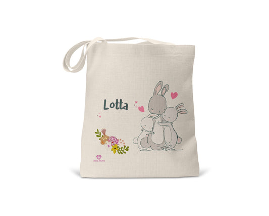 kindertasche stofftasche personalisiert bio Hasenfamilie name bedruckt wolga-kreativ  