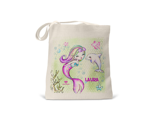 kindertasche stofftasche personalisiert bio Meerjungfrau Delfin name bedruckt wolga-kreativ  