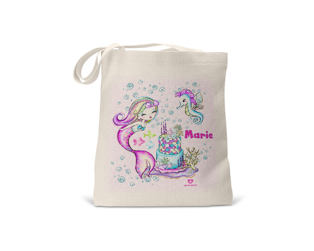 kindertasche stofftasche personalisiert bio Meerjungfrau Geburtstag name bedruckt wolga-kreativ  