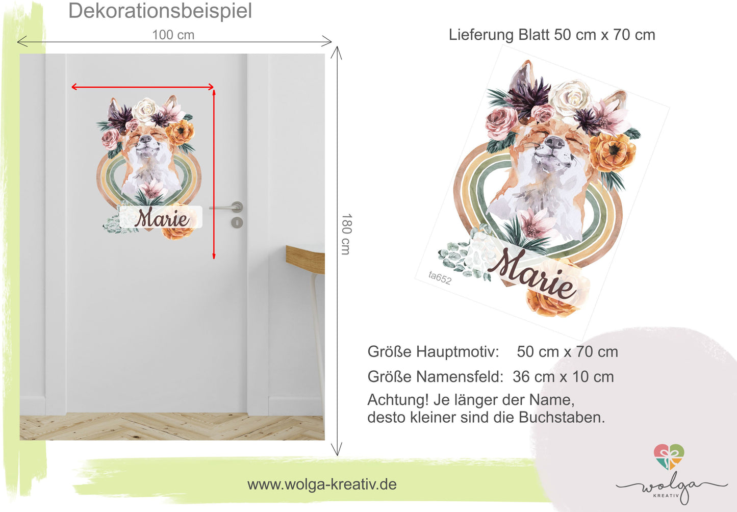 Türaufkleber Fuchs Regenbogen personalisiert