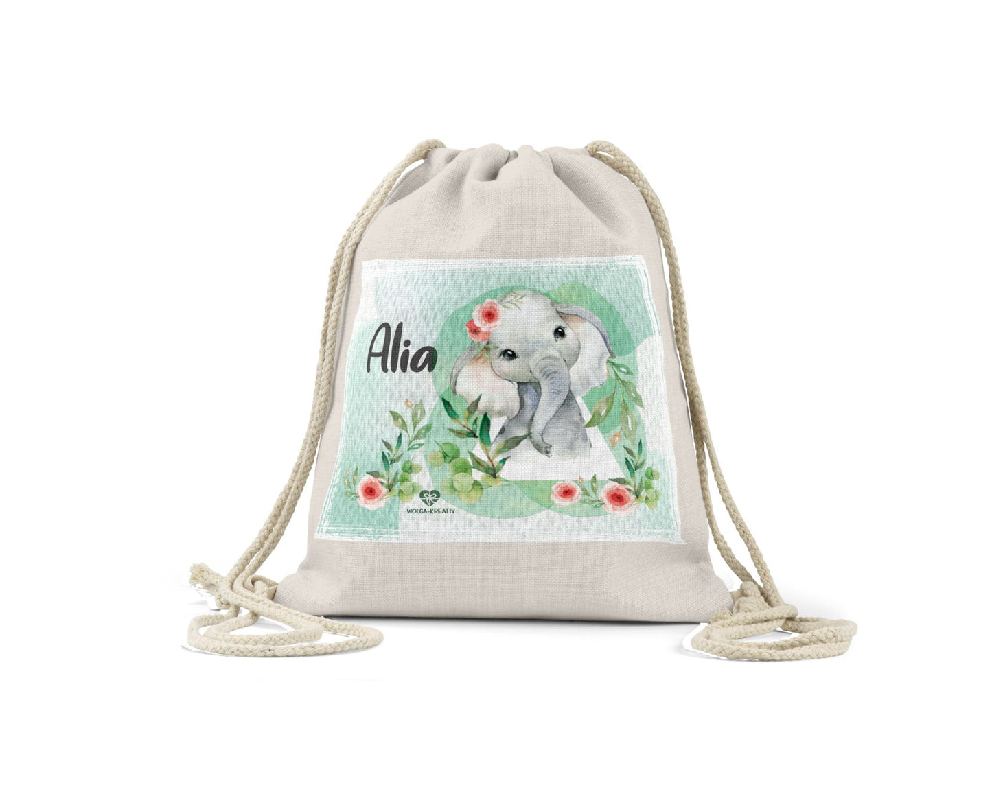 turnbeutel stoffrucksack bio elefant Blumen mit name wolga-kreativ